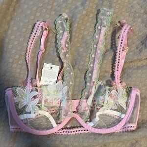 For Love And Lemons Pink and Green Floral Lace Bra